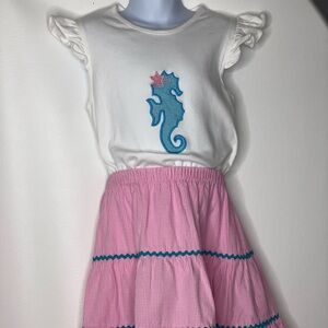 Shrimp & Grits girls seahorse pink gingham skirt outfit Sz 7-8